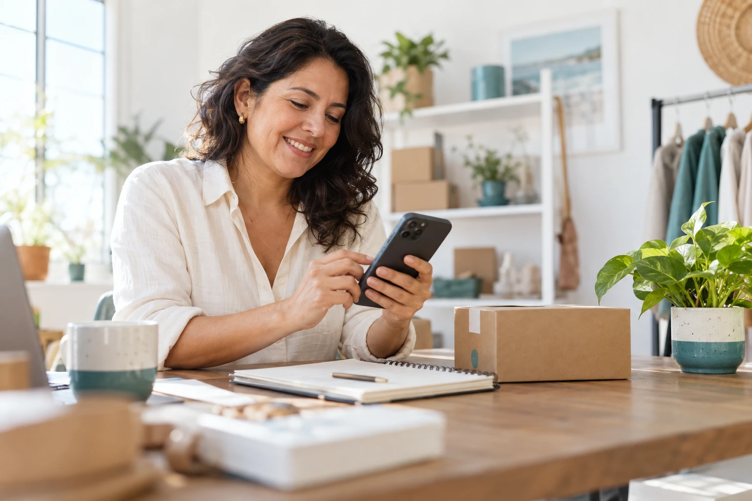 Emprendedora consultando su celular en su espacio de trabajo